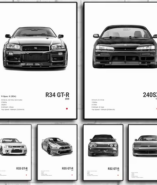 Zwart-Witte Japanse Sportauto Canvas Poster – Pop Art Wanddecoratie voor Garage en Kamer