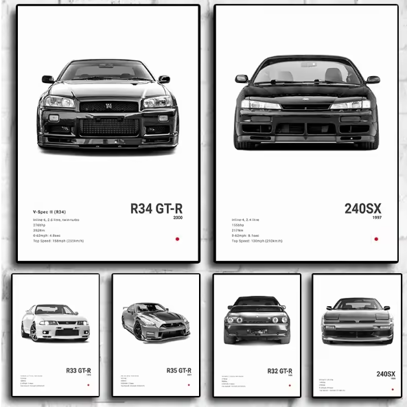 Zwart-Witte Japanse Sportauto Canvas Poster – Pop Art Wanddecoratie voor Garage en Kamer
