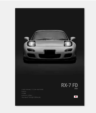 Zwart-Witte Japanse Sportauto Canvas Poster – Pop Art Wanddecoratie voor Garage en Kamer