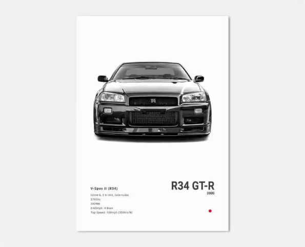 Zwart-Witte Japanse Sportauto Canvas Poster – Pop Art Wanddecoratie voor Garage en Kamer