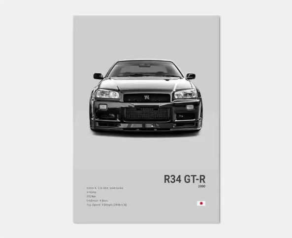 Zwart-Witte Japanse Sportauto Canvas Poster – Pop Art Wanddecoratie voor Garage en Kamer