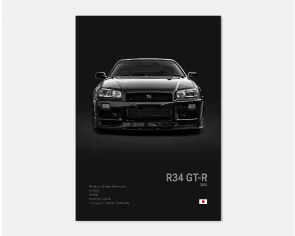 Zwart-Witte Japanse Sportauto Canvas Poster – Pop Art Wanddecoratie voor Garage en Kamer
