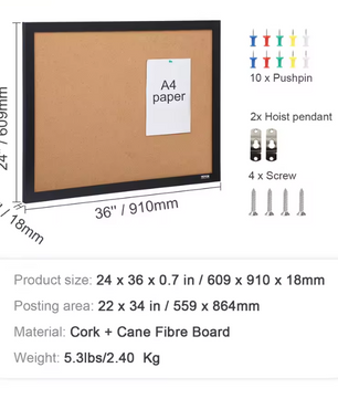 Kurk Prikbord met MDF Frame – Groot Bulletin Board voor Notities, Foto’s en Planning