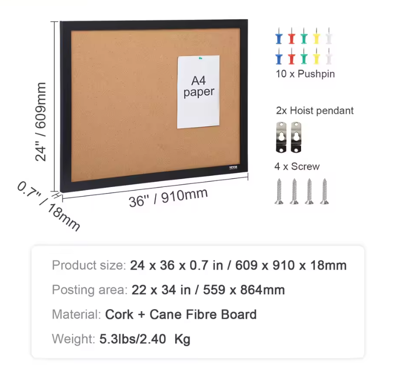 Kurk Prikbord met MDF Frame – Groot Bulletin Board voor Notities, Foto’s en Planning