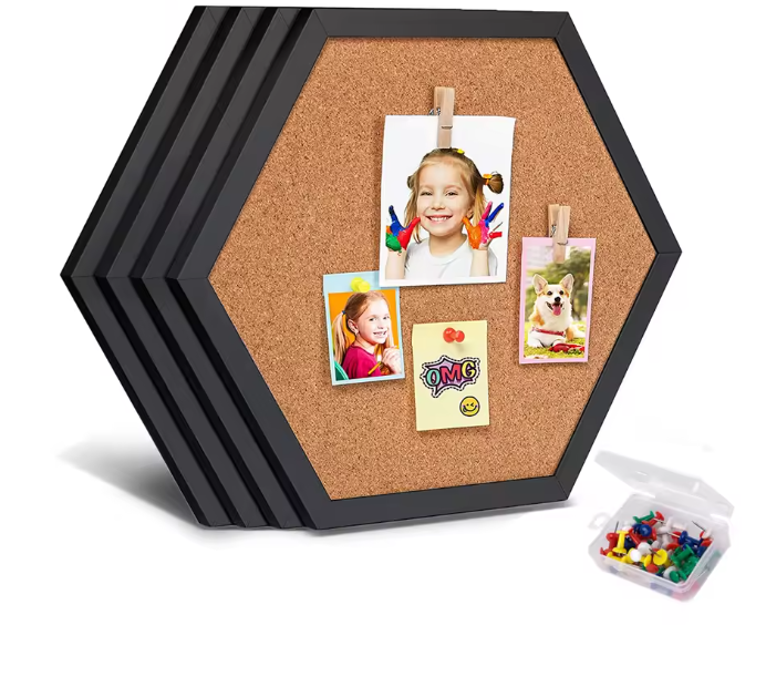 Hexagon Kurk Prikbord met Houten Frame – Decoratief Wand Memobord voor Foto’s en Notities