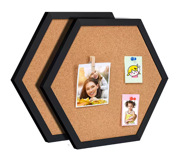 Hexagon Kurk Prikbord met Houten Frame – Decoratief Wand Memobord voor Foto’s en Notities