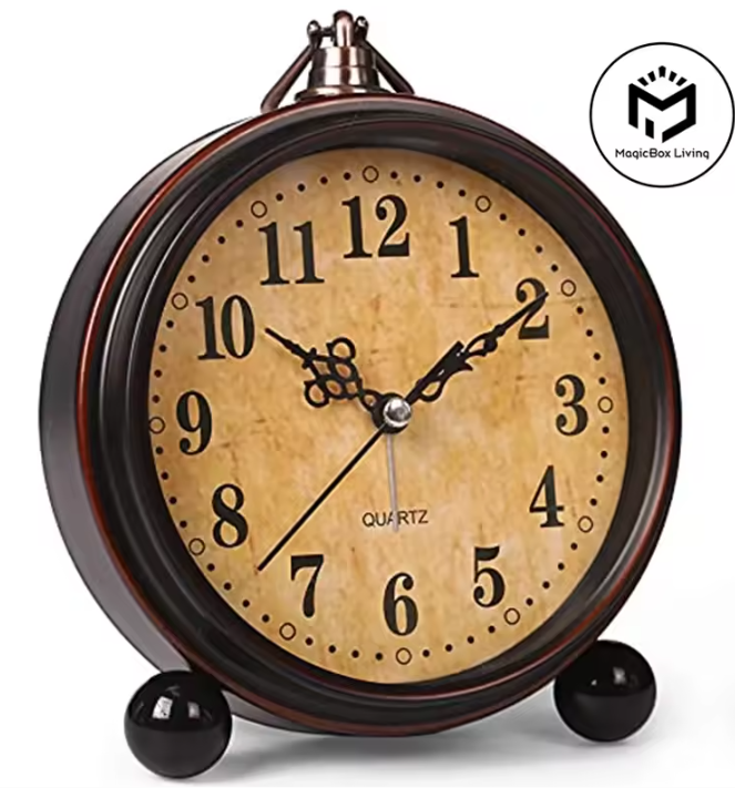 Vintage Metalen Wekker met Nachtlicht – Stille Analoge Bureau- en Nachtkastklok