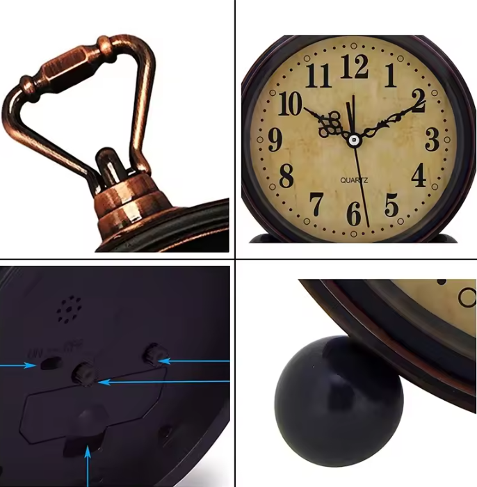 Vintage Metalen Wekker met Nachtlicht – Stille Analoge Bureau- en Nachtkastklok