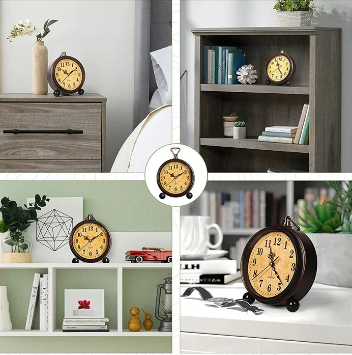 Vintage Metalen Wekker met Nachtlicht – Stille Analoge Bureau- en Nachtkastklok