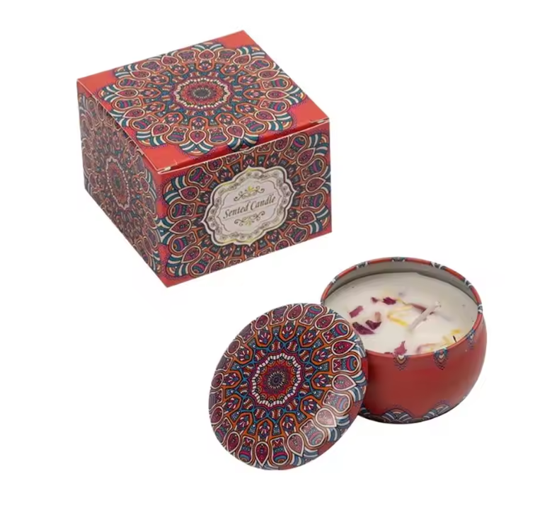 Geurkaars met Gedroogde Bloemen – Sojawas Aromakaars in Decoratief Blik