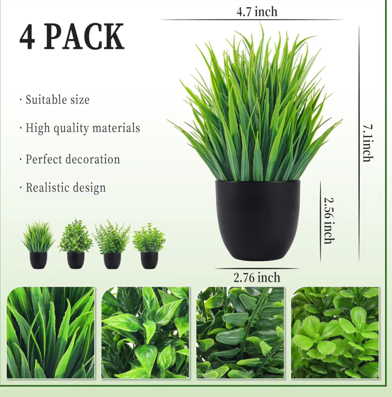 Set van 4 Kleine Kunstplanten – Decoratieve Faux Planten voor Tafel, Badkamer en Bureau