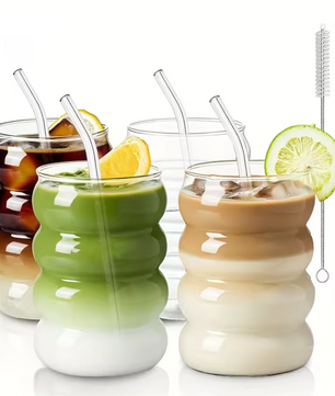 Set van 2 Geribbelde Glazen Drinkglazen – 350 ml Borosilicaat Glas met Rietje