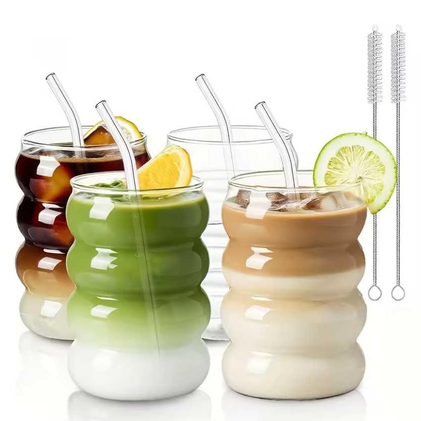 Set van 2 Geribbelde Glazen Drinkglazen – 350 ml Borosilicaat Glas met Rietje