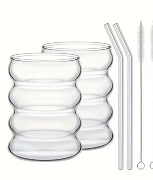 Set van 2 Geribbelde Glazen Drinkglazen – 350 ml Borosilicaat Glas met Rietje