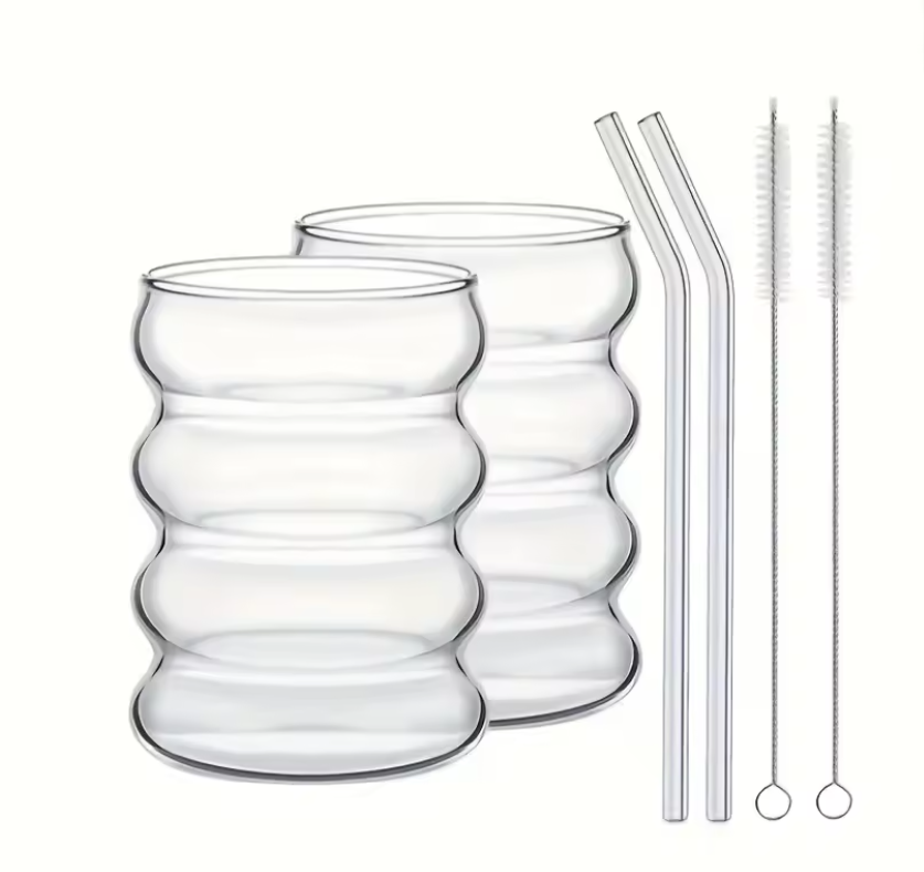 Set van 2 Geribbelde Glazen Drinkglazen – 350 ml Borosilicaat Glas met Rietje