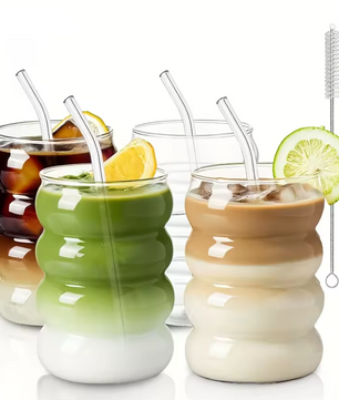 Set van 2 Geribbelde Glazen Drinkglazen – 350 ml Borosilicaat Glas met Rietje