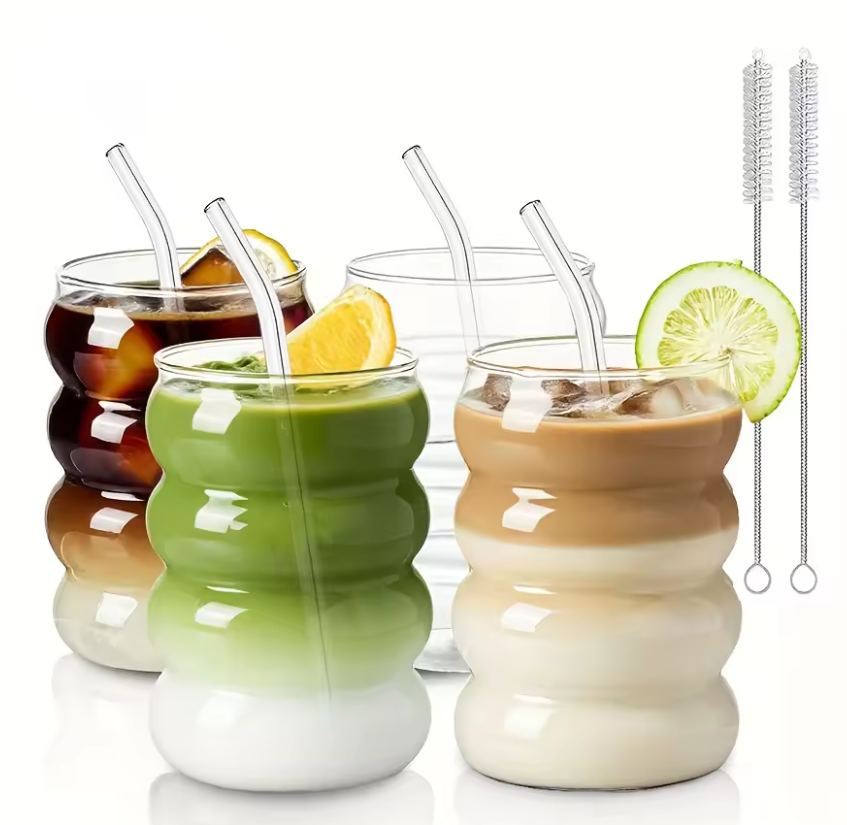 Set van 2 Geribbelde Glazen Drinkglazen – 350 ml Borosilicaat Glas met Rietje