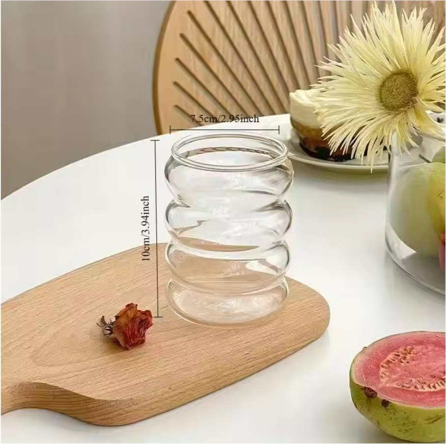 Set van 2 Geribbelde Glazen Drinkglazen – 350 ml Borosilicaat Glas met Rietje