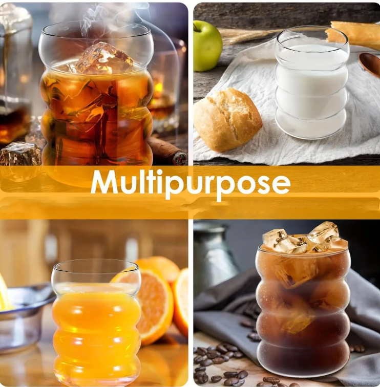 Set van 2 Geribbelde Glazen Drinkglazen – 350 ml Borosilicaat Glas met Rietje