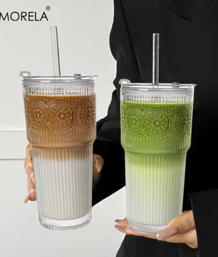 Floral Glazen Tumbler 600 ml – Drinkglas met Deksel en Rietje