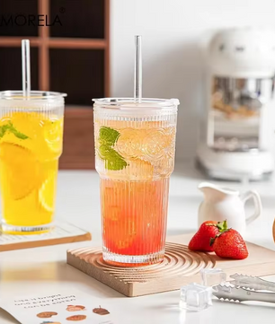 Floral Glazen Tumbler 600 ml – Drinkglas met Deksel en Rietje