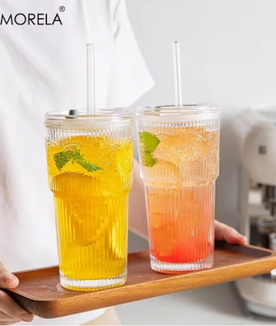 Floral Glazen Tumbler 600 ml – Drinkglas met Deksel en Rietje