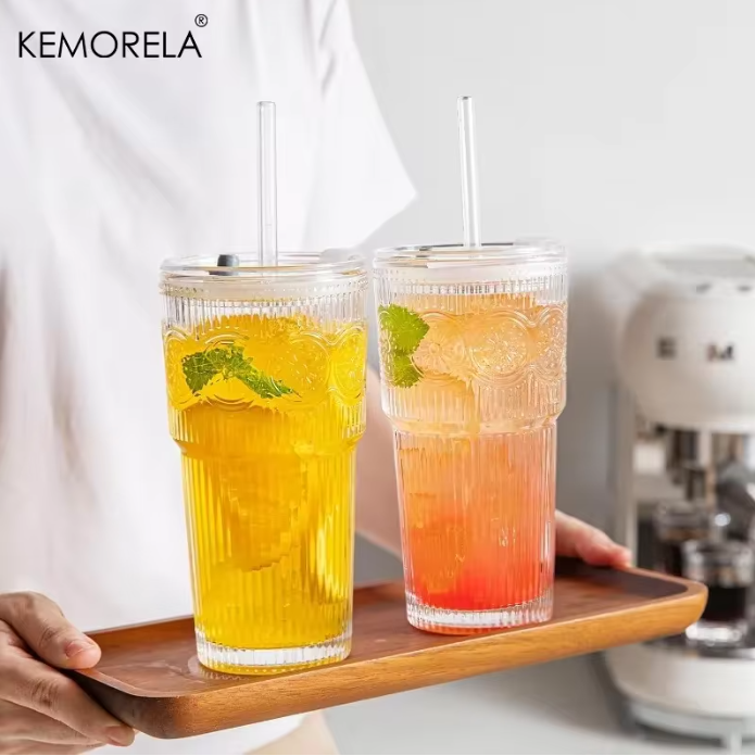 Floral Glazen Tumbler 600 ml – Drinkglas met Deksel en Rietje