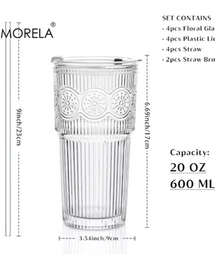 Floral Glazen Tumbler 600 ml – Drinkglas met Deksel en Rietje