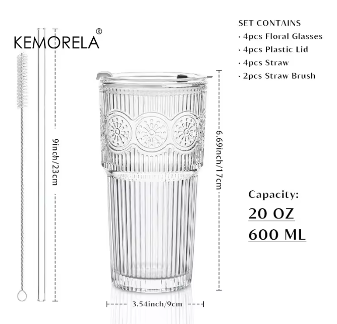 Floral Glazen Tumbler 600 ml – Drinkglas met Deksel en Rietje
