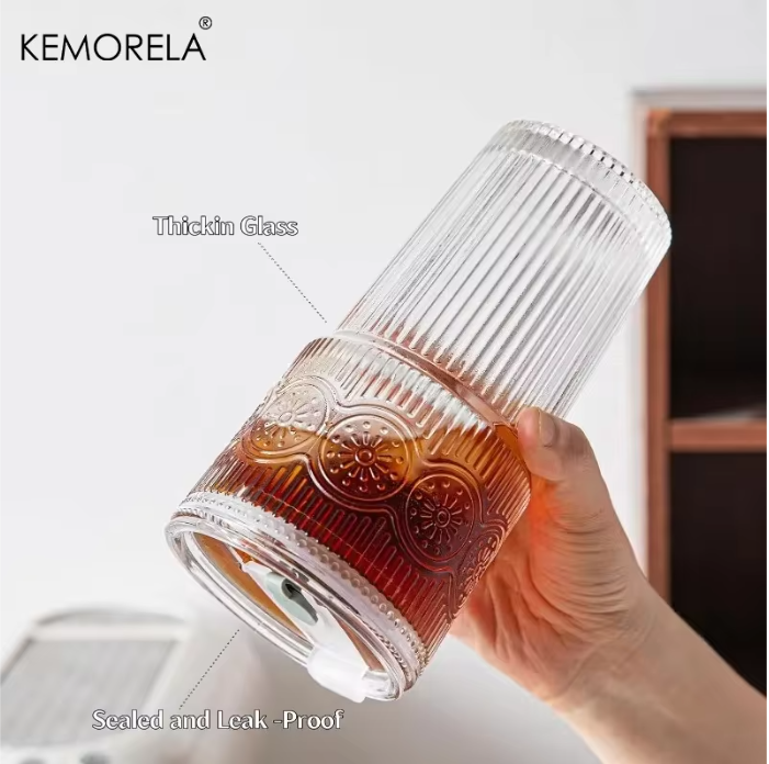 Floral Glazen Tumbler 600 ml – Drinkglas met Deksel en Rietje
