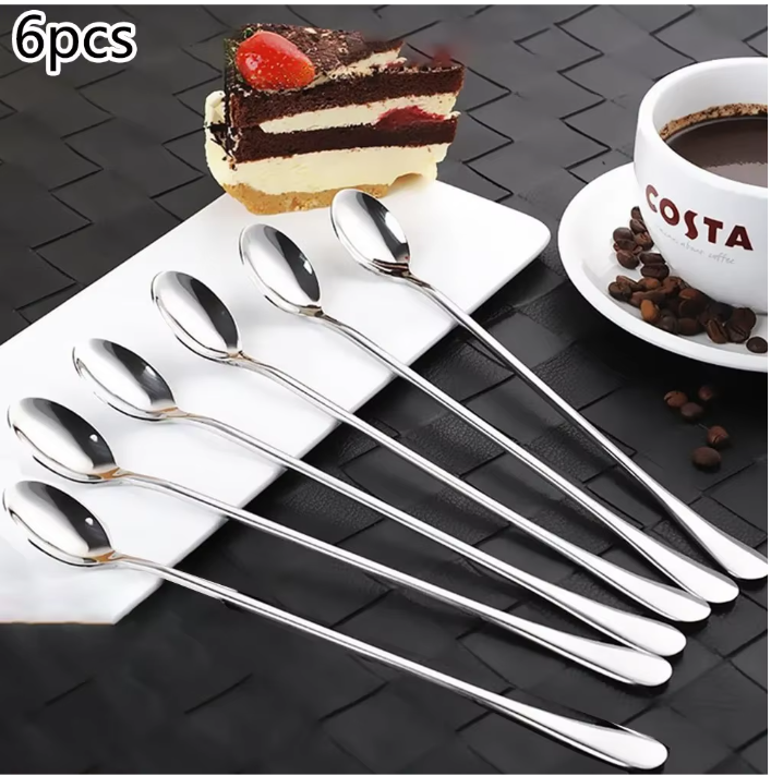Set van 6 RVS Lange Lepels – Dessert-, Koffie- en Theelepels 19,5 cm