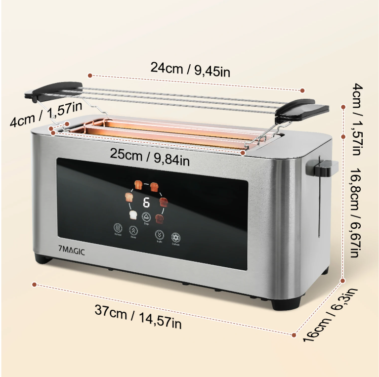 RVS Broodrooster 1400W met Touch Display – 4 Sneetjes en 7 Bruiningsniveaus