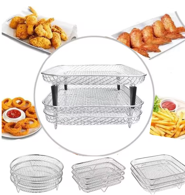 3-Laags Airfryer Rek van RVS – Stapelbaar Grillrek en Dehydrator Accessoire
