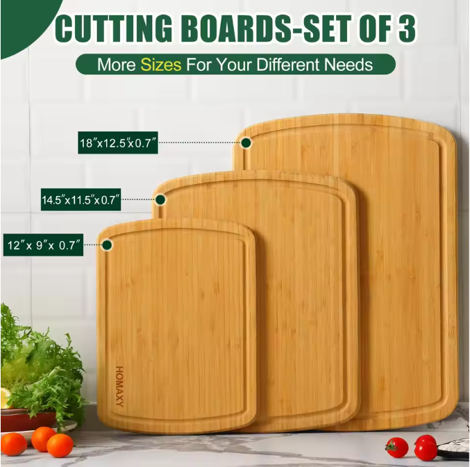 Set van 3 Bamboe Snijplanken – Houten Keuken Snijplank met Sapgeul en Handgrepen