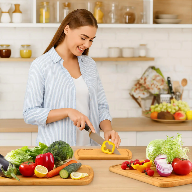 Set van 3 Bamboe Snijplanken – Houten Keuken Snijplank met Sapgeul en Handgrepen