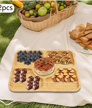 Set van 2 Charcuterie Planken met Deksel – Bamboe Snackplank met 5 Compartimenten