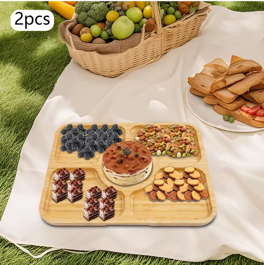 Set van 2 Charcuterie Planken met Deksel – Bamboe Snackplank met 5 Compartimenten