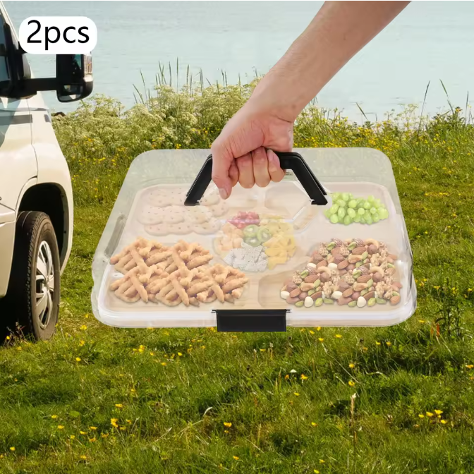 Set van 2 Charcuterie Planken met Deksel – Bamboe Snackplank met 5 Compartimenten