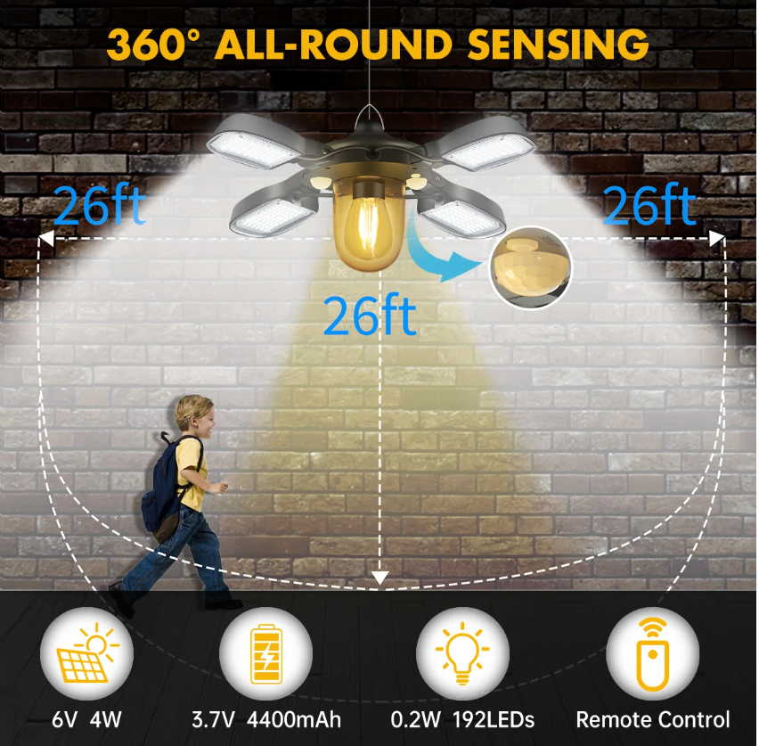 192 LED Solar Schuurlamp met Bewegingssensor – Hangende Buitenlamp voor Schuur en Tuinhuis