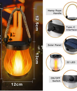 Solar Vlamlantaarn Hangend – Flikkerende LED Buitenlantaarn met USB en Zonne-energie