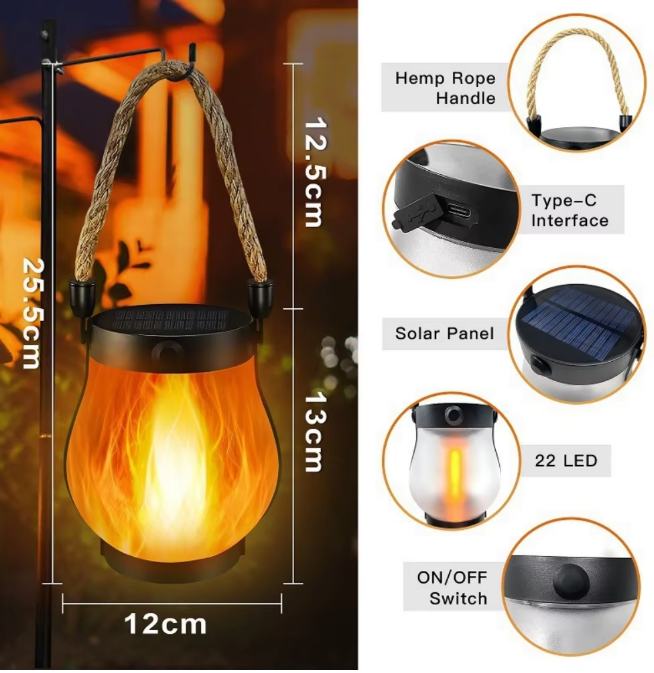 Solar Vlamlantaarn Hangend – Flikkerende LED Buitenlantaarn met USB en Zonne-energie