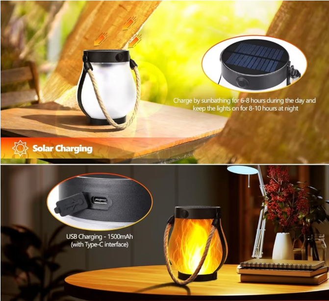 Solar Vlamlantaarn Hangend – Flikkerende LED Buitenlantaarn met USB en Zonne-energie