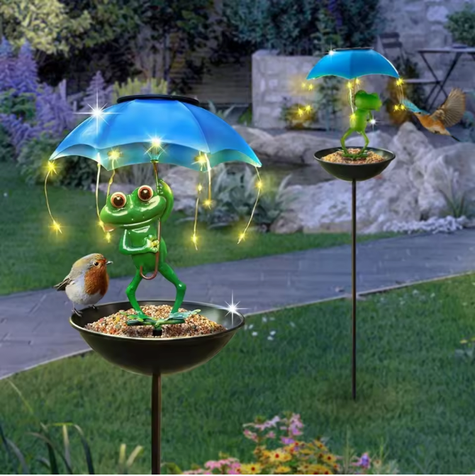 Solar Kikker Tuinlamp met Vogelvoeder – Decoratieve LED Tuinverlichting voor Pad en Gazon