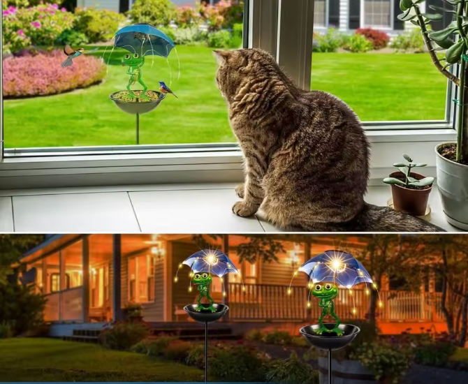 Solar Kikker Tuinlamp met Vogelvoeder – Decoratieve LED Tuinverlichting voor Pad en Gazon