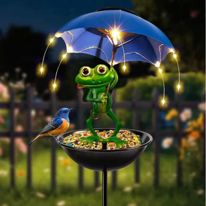 Solar Kikker Tuinlamp met Vogelvoeder – Decoratieve LED Tuinverlichting voor Pad en Gazon