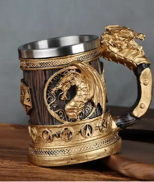 Retro Draak Drinkbeker – RVS Isolatiebeker met Gouden Vleugeldraak Ontwerp