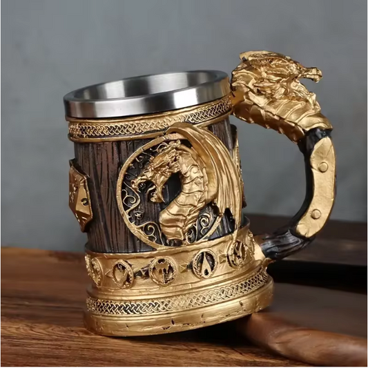 Retro Draak Drinkbeker – RVS Isolatiebeker met Gouden Vleugeldraak Ontwerp