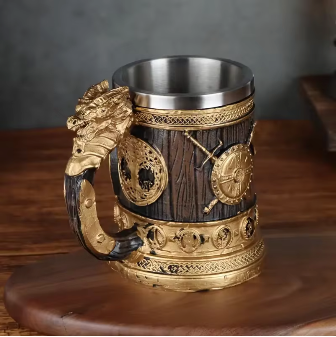 Retro Draak Drinkbeker – RVS Isolatiebeker met Gouden Vleugeldraak Ontwerp