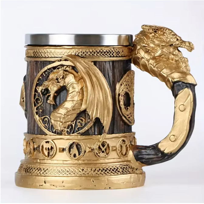 Retro Draak Drinkbeker – RVS Isolatiebeker met Gouden Vleugeldraak Ontwerp