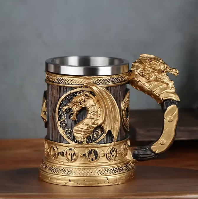 Retro Draak Drinkbeker – RVS Isolatiebeker met Gouden Vleugeldraak Ontwerp